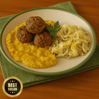 Almôndegas de Patinho com Creme de Milho e Repolho