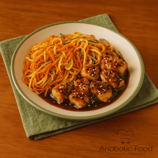 Espaguetti de Vegetais com Frango ao Molho Oriental