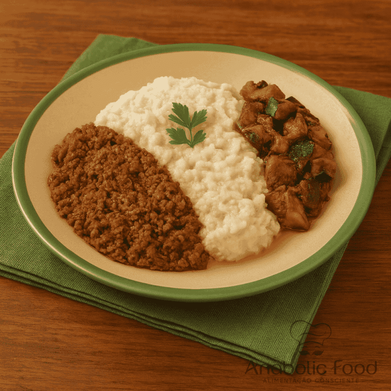 Patinho com Purê de Couve Flor e Beringela Refogada