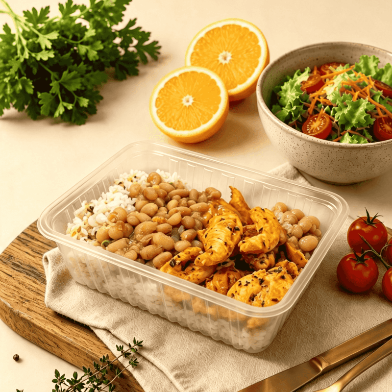 Iscas de Frango com Arroz e Feijão Carioca