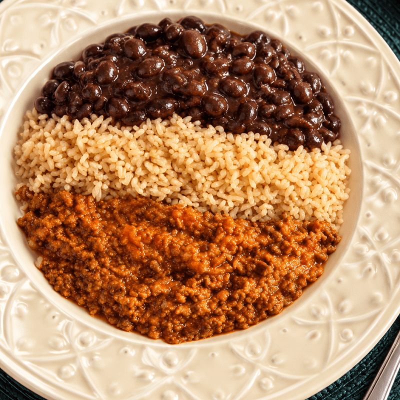 Patinho Moído com Arroz Integral e Feijão
