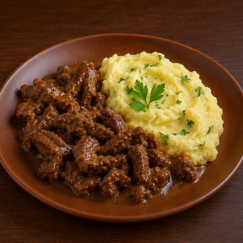 Iscas de carne ao molho ferrugem com purê de batata rústica