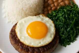 HAMBURGUER A CAVALO COM ARROZ BRANCO FEIJÃO E COUVE REFOGADA 400G