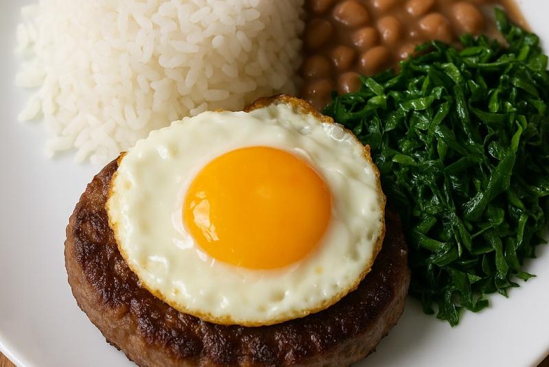 HAMBURGUER A CAVALO COM ARROZ BRANCO FEIJÃO E COUVE REFOGADA 400G