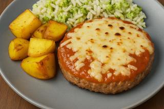 .HAMBURGUER A PARMEGIANA ARROZ INTEGRAL COM BRÓCOLIS E BATATA SAUTE
