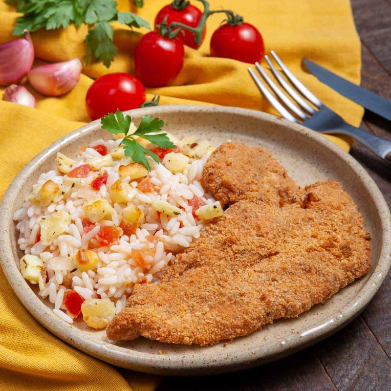 Frango, Arroz, Purê e Queijo Coalho