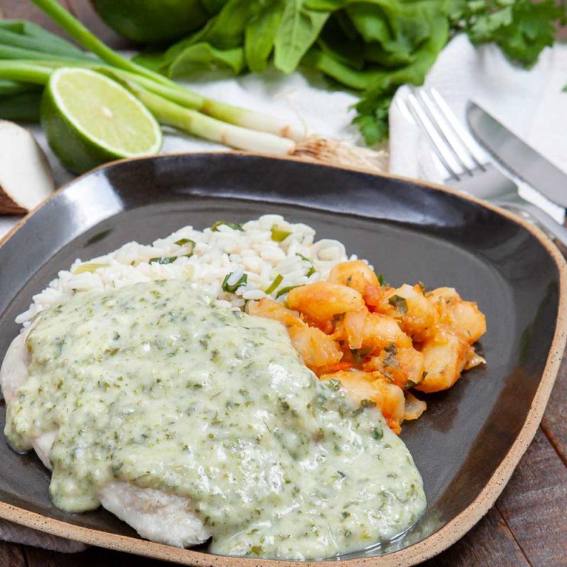 Tilápia ao Creme de Espinafre, Arroz e Aipim L+