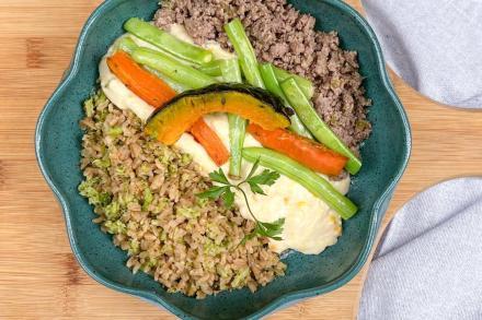 Td. Patinho moído, arroz integral com brócolis, creme de milho e mix de legumes