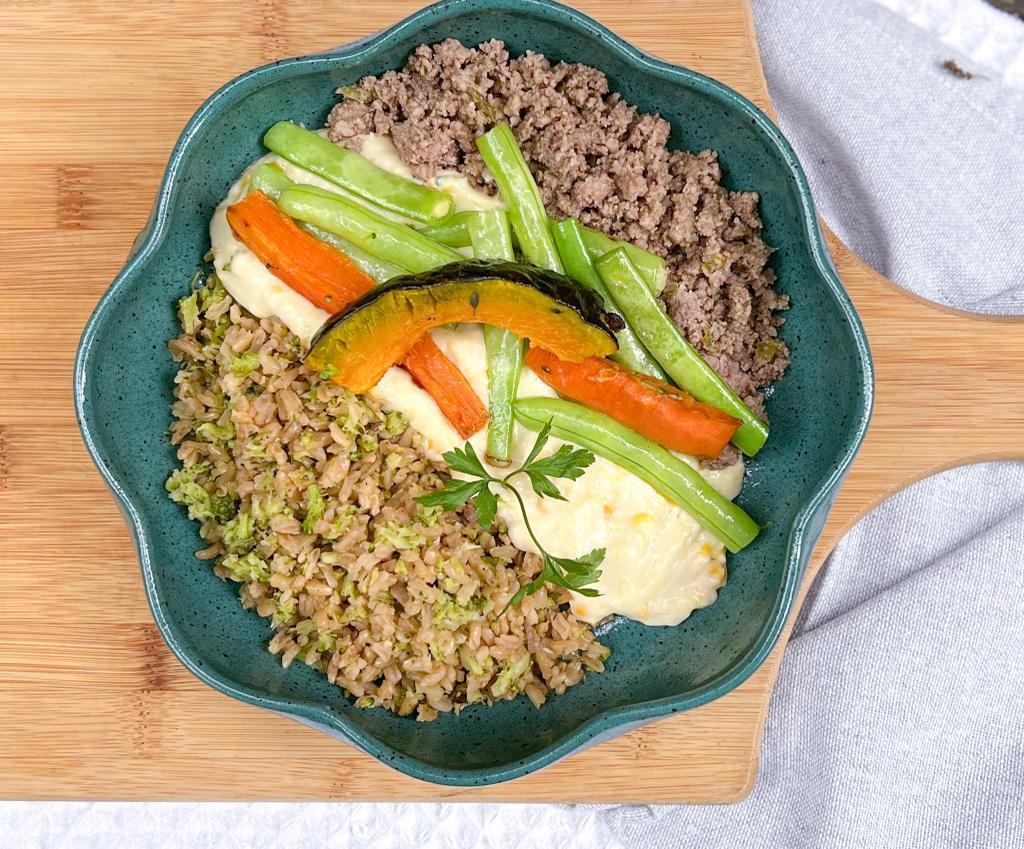 Td. Patinho moído, arroz integral com brócolis, creme de milho e mix de legumes