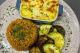 td. Escondidinho de frango gratinado, arroz integral e mix de legumes.
