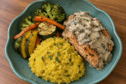 Td. Hambúrguer de salmão com creme de cogumelos, risoto de açafrão com limão siciliano e legumes