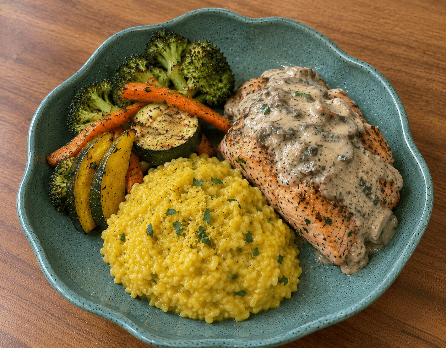 Td. Hambúrguer de salmão com creme de cogumelos, risoto de açafrão com limão siciliano e legumes