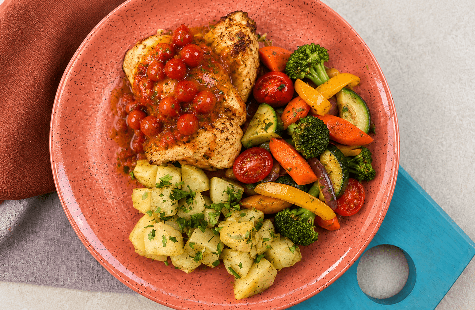 td. Sobrecoxa de frango com molho pimenta biquinho, batata rústica e legumes ao forno