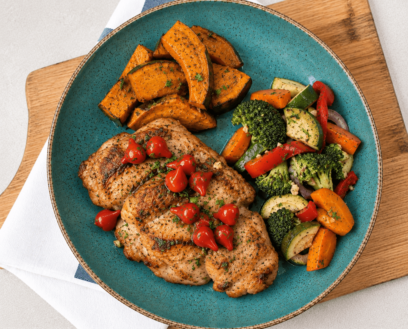 Lc. Sobrecoxa de frango grelhada com pimenta biquinho, abóbora assada e legumes ao azeite de alho