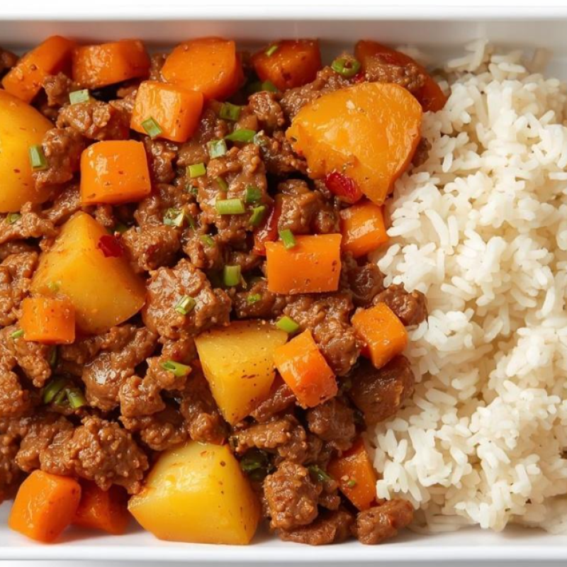 PICADINHO DE CARNE COM LEGUMES , ARROZ