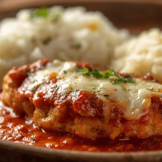 PARMEGIANA DE FRANGO, ARROZ E PURÊ DE BATATA - 300g