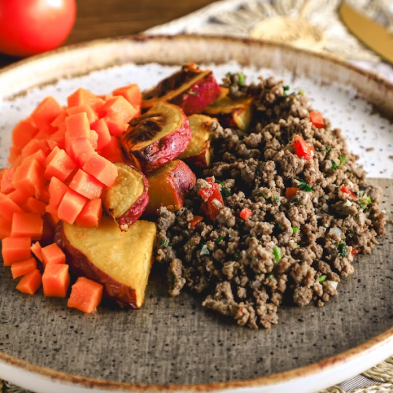 CARNE MOIDA COM LEGUMES, ARROZ E BATATA DOCE RUSTICA - 300g