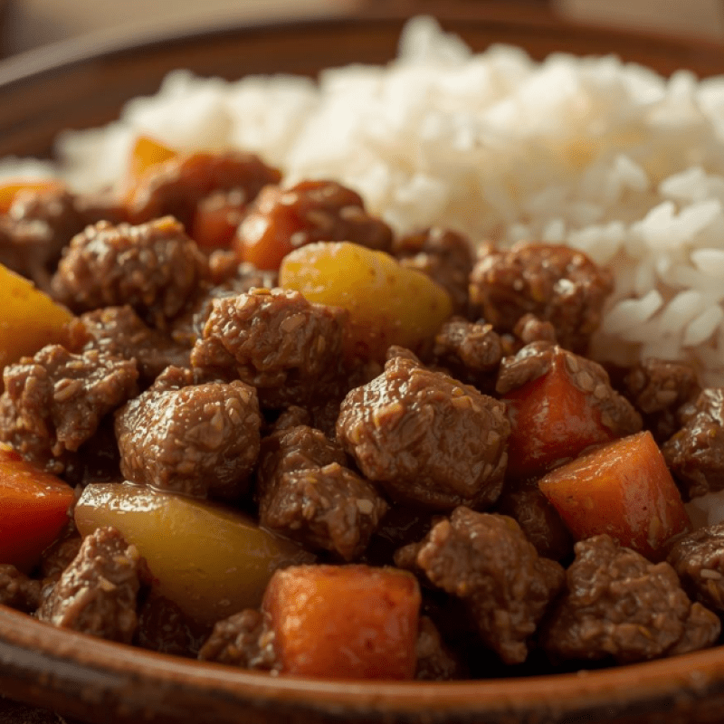 PICADINHO DE CARNE , LEGUMES E ARROZ BRANCO - 300g