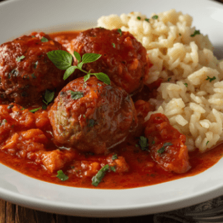ALMONDEGAS AO SUGO, ARROZ E PURÊ DE BATATA