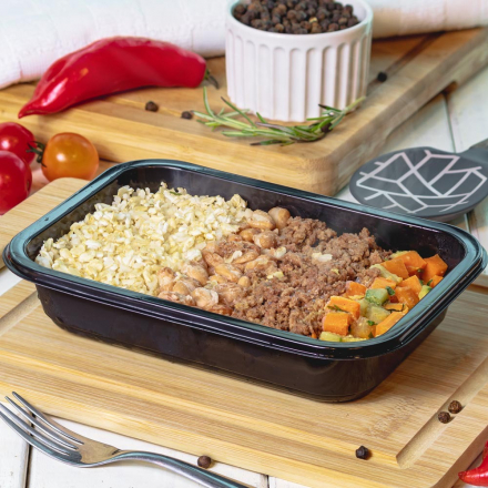 blend de carne com mix de legumes arroz e feijão