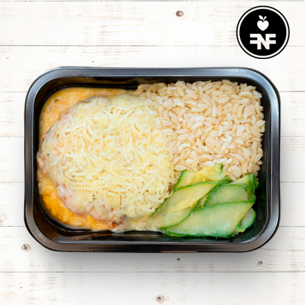 hamburguer bovina fit, com arroz integral e abobrinha