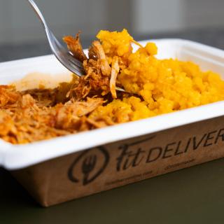 Lombo desfiado com risoto de abóbora e bacon FIT