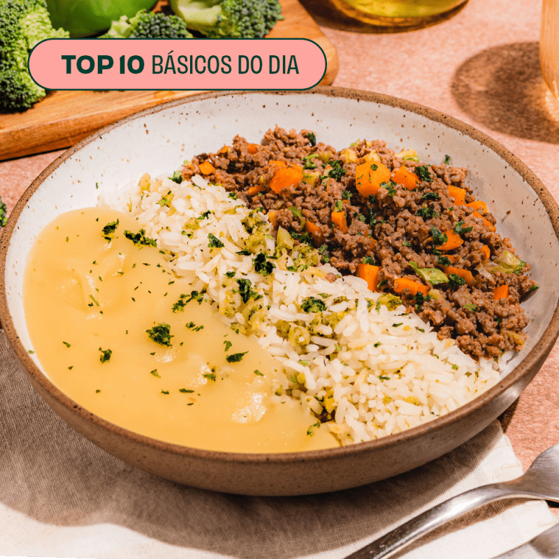 Carne moida com pure e arroz com brocolis
