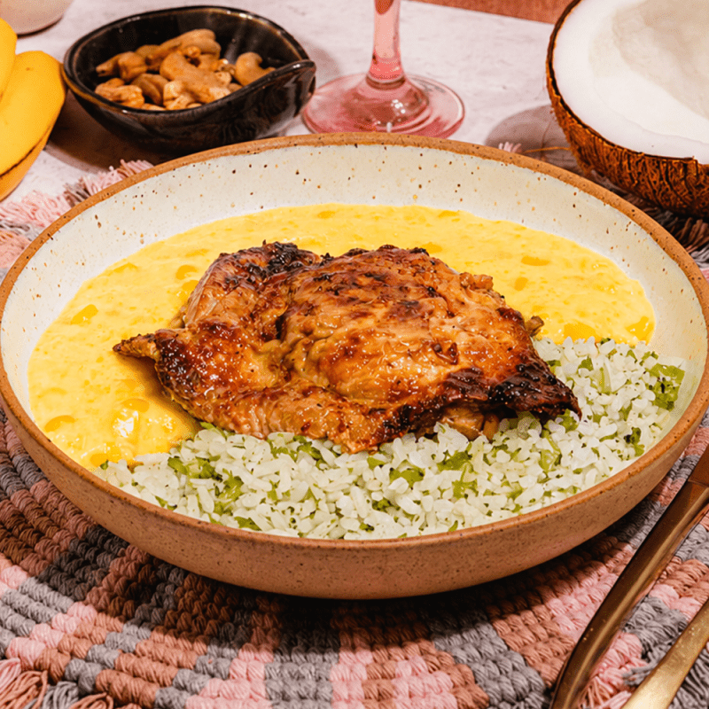 Galeto com Creme de Milho e Arroz com Brócolis