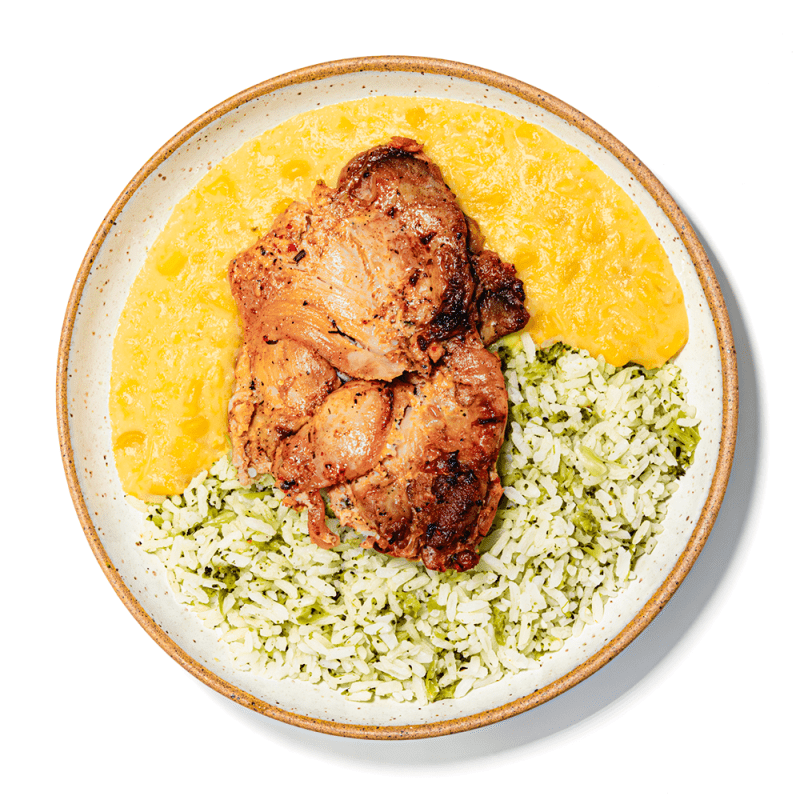 Galeto com Creme de Milho e Arroz de Brocolis