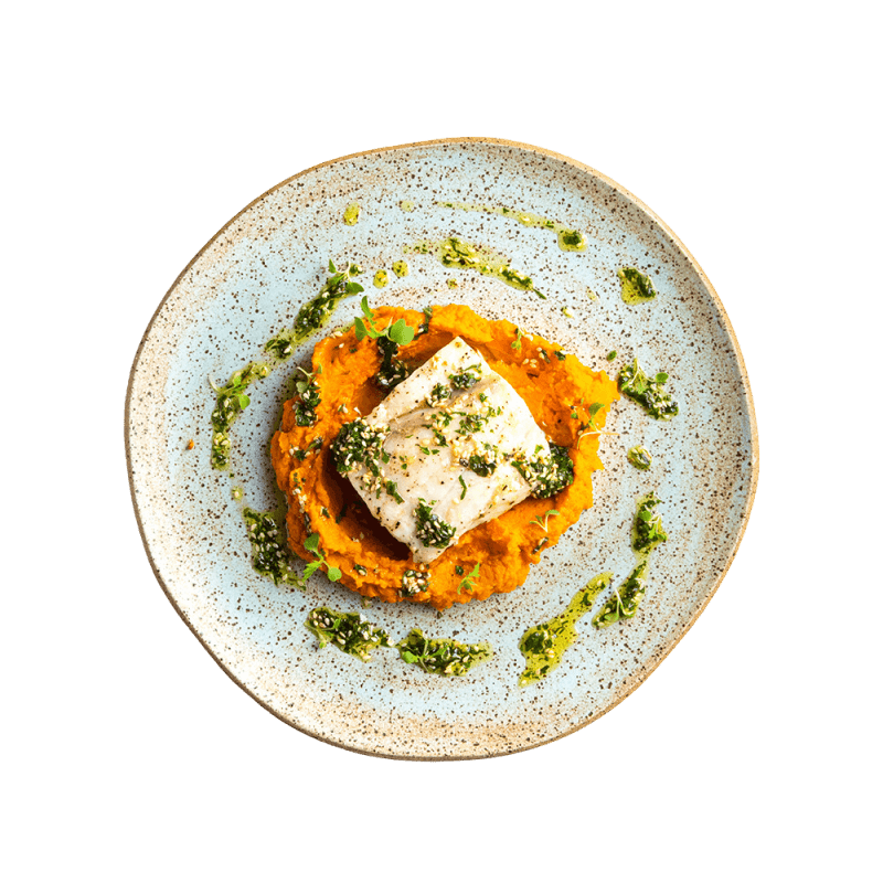 Peixe ao chimichurri com purê de cenoura