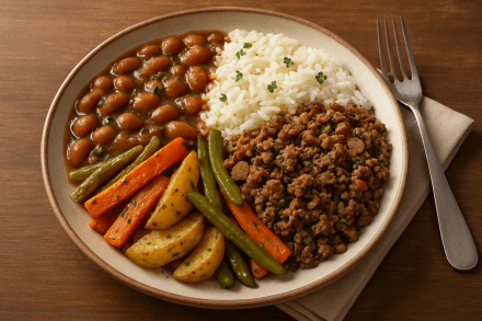 Carne Moída com Arroz, Feijão Carioca e Legumes Assados