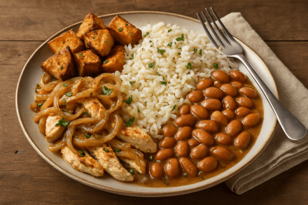 Frango Acebolado com Arroz, Feijão Carioca e Batata Doce Rústica