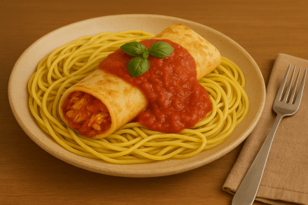 Panqueca de frango com molho e espaguete sem glúten