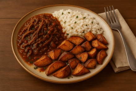 Ragú Bovino com Arroz e Batata Doce Rústica