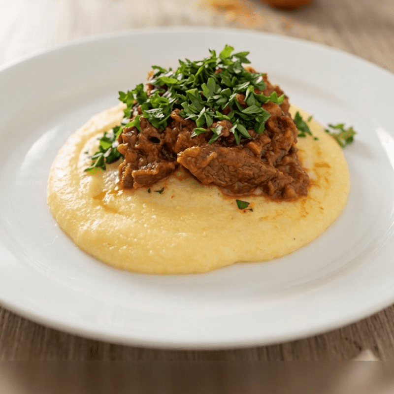Carne desfiada com purê de mandioca e pesto de agrião com nozes