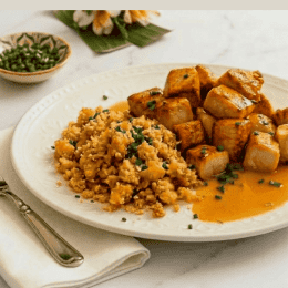 Cortes nobres (peito) de  frango ao molho de laranja e farofa de banana da terra
