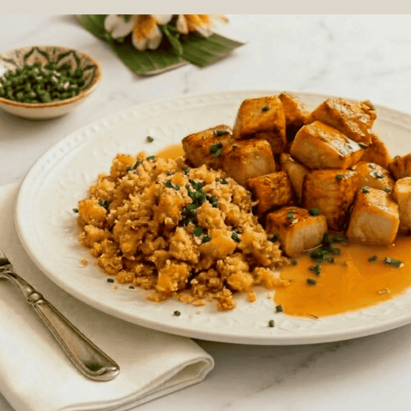 Cortes nobres (peito) de  frango ao molho de laranja e farofa de banana da terra