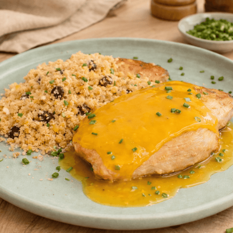 Filet de frango com farofa crocante e molho agridoce