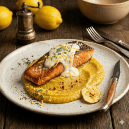 Salmão com limão siciliano e purê de banana da terra