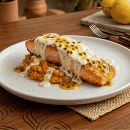 Salmão com pure de abóbora e molho de maracujá