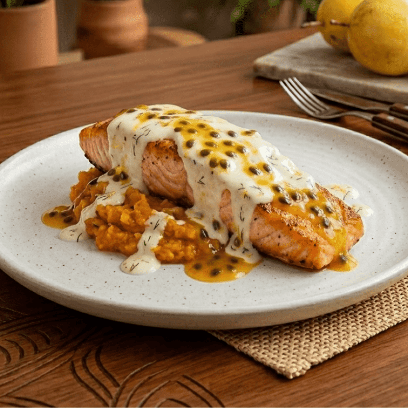 Salmão com pure de abóbora e molho de maracujá
