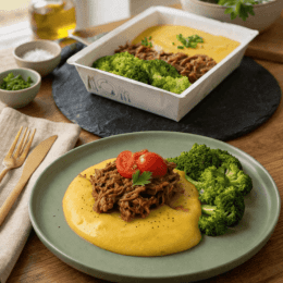 Carne desfiada suculenta com purê de banana da terra e brócolis