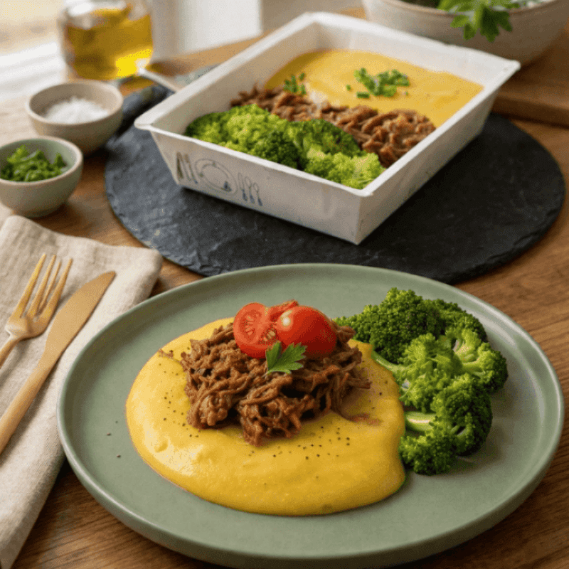 Carne desfiada suculenta com purê de banana da terra e brócolis