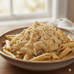 Penne sem glúten com fricassê de frango light e requeijão