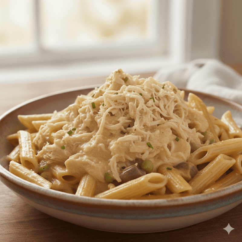 Penne sem glúten com fricassê de frango light e requeijão