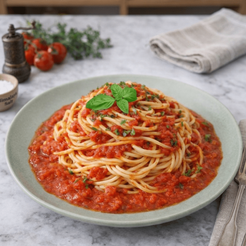Espaguete sem glúten com molho de tomate italiano e manjericão