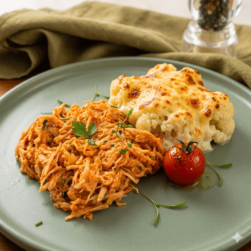 Fricasse de peito de frango com couve flor ao gratin