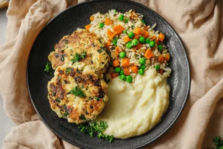 Hambúrgueres de Frango, Creme de Milho e Arroz Integral com Cenoura e Ervilha (Low Carb)