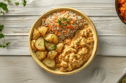 Strogonoff de Frango, Batata Assada e Arroz Integral com Cenoura