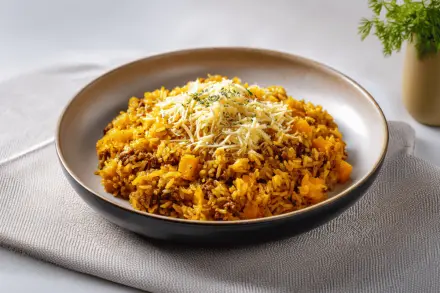 Arroz Integral com Carne Seca, Abóbora e Queijo Coalho